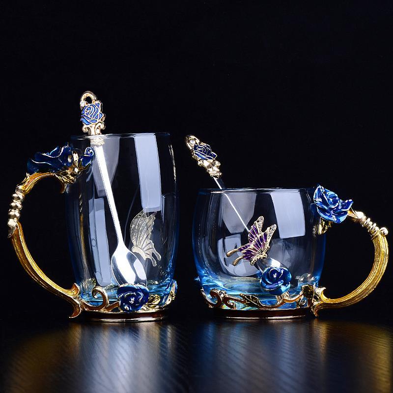 Set of 2 crystal Glass Coffee/tea/juice Mugs With Gold Plated Black  Agate/quartz Semi-precious Crystals 17 Oz/500 Ml 